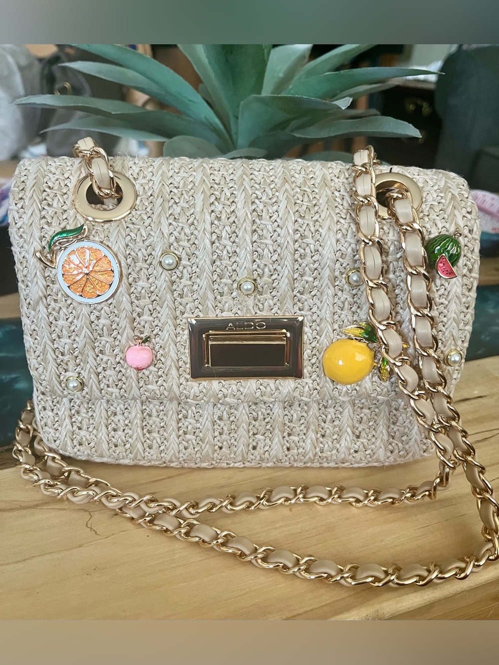 ALDO Charm Raffia Shoulder Bag with Gold Chain